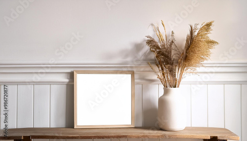 Elegant home interior decor still life photo. Vase with dry reed, grass on old wooden bench. Blank white picture frame mockup. Wall moulding background, trim decor. Empty copy space. Side view. photo