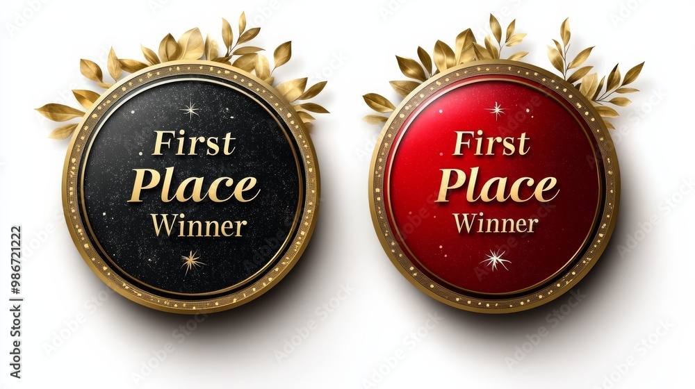 A badge with the words First Place Winner written on it in a gold and red color scheme with a white background a simple flat design highresolution photography and high quality A badge with the words First Place Winner written on it in a gold and red color scheme with a white background a simple flat design highresolution photography and high quality