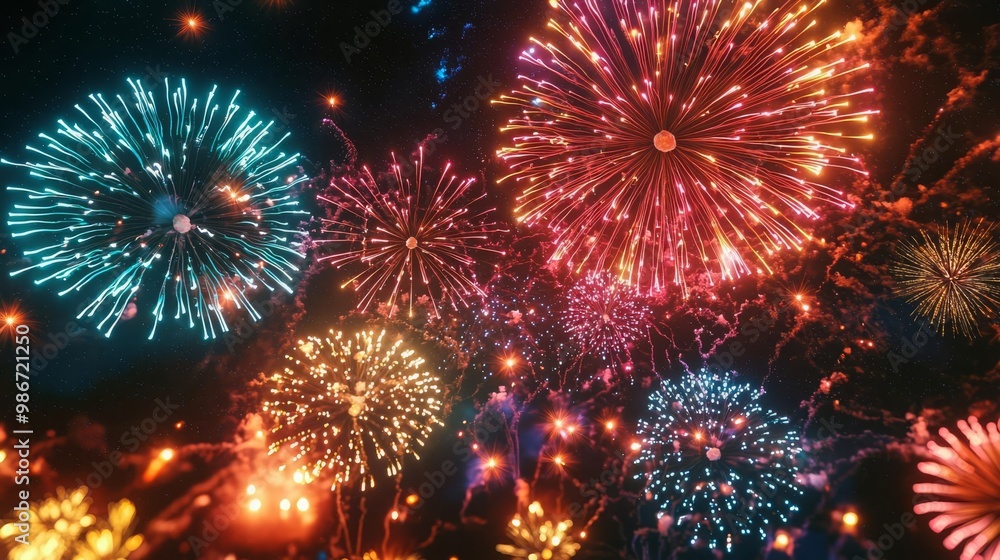 Fototapeta premium Diwali Indian Colorful fireworks, night sky celebration, 3D illustration