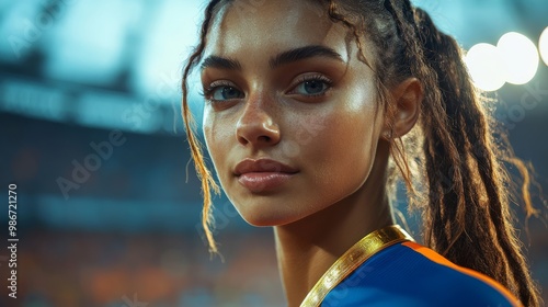 A beautiful female athlete with a gold medal around her neck celebrating on the field of an Olympic stadium after winning a competition She is wearing blue and orange sportswear in a closeup shot phot photo