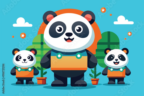 Three cartoon pandas stand cheerfully among potted plants under a bright sky with fluffy clouds, Customizable cartoon illustrations featuring pandas.