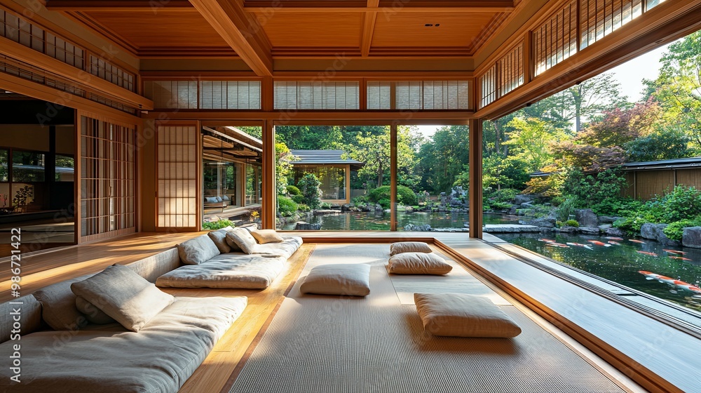 Japanese-style home with a view of a koi pond and a garden Japanese-style home with a view of a koi pond and a garden