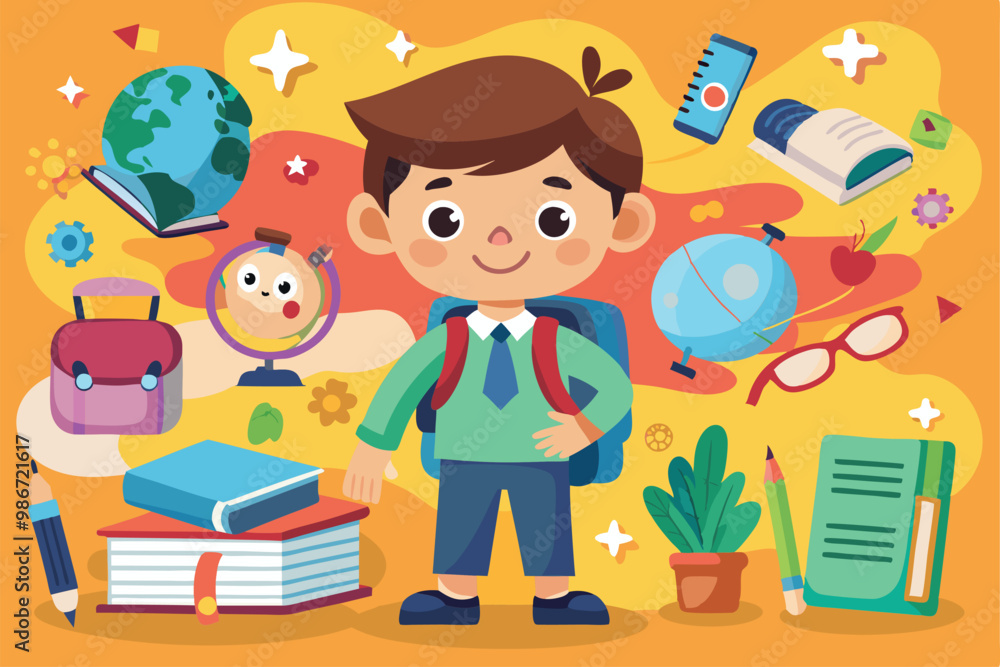 A cheerful boy in a green shirt stands with a backpack, surrounded by school supplies and educational items, Customizable cartoon illustrations for back to school. A cheerful boy in a green shirt stands with a backpack, surrounded by school supplies and educational items, Customizable cartoon illustrations for back to school.