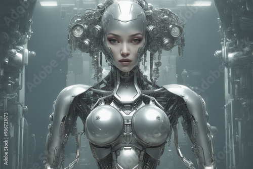 A woman with a robot face and a face painted in silver. Science Fiction Beautiful Humanoid Cyborg Woman . Video Game Character Digital Artwork photo