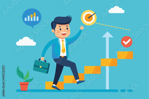 A cheerful business professional ascends stairs, symbolizing progress and achievement in a vibrant workspace, Customizable cartoon illustrations for businesses