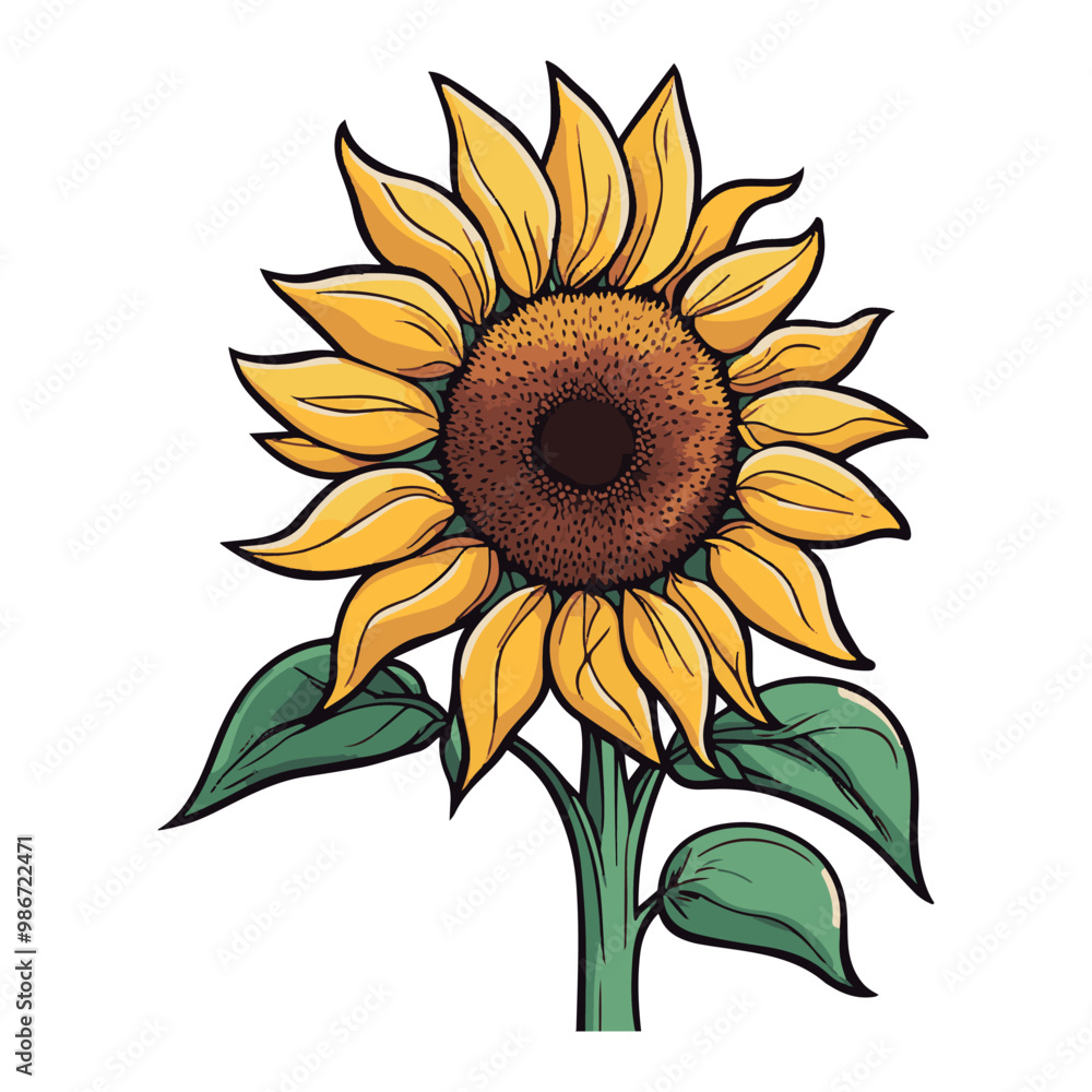 Fototapeta premium Design element, vector icon, yellow sunflower flower on white backdrop. Ukrainian yellow flower.