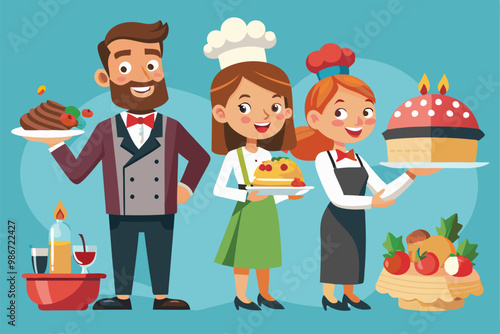 Cheerful catering team showcases assorted dishes, emphasizing a delightful culinary experience for guests, Customizable cartoon illustrations for catering services.