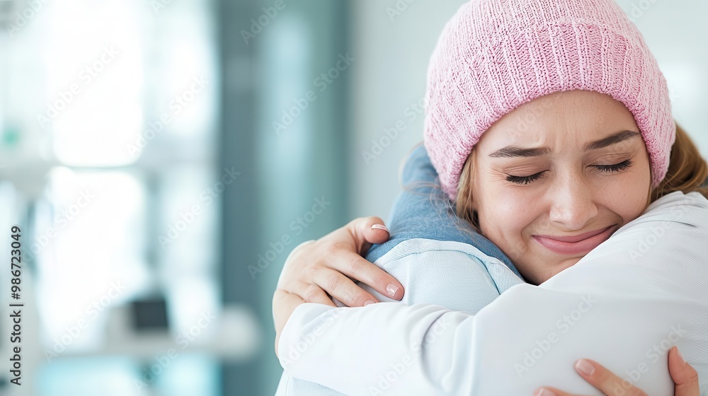 A cancer survivor hugging their oncologist during a followup appointment, sharing a deeply emotional moment, bright and hopeful clinic environment A cancer survivor hugging their oncologist during a followup appointment, sharing a deeply emotional moment, bright and hopeful clinic environment