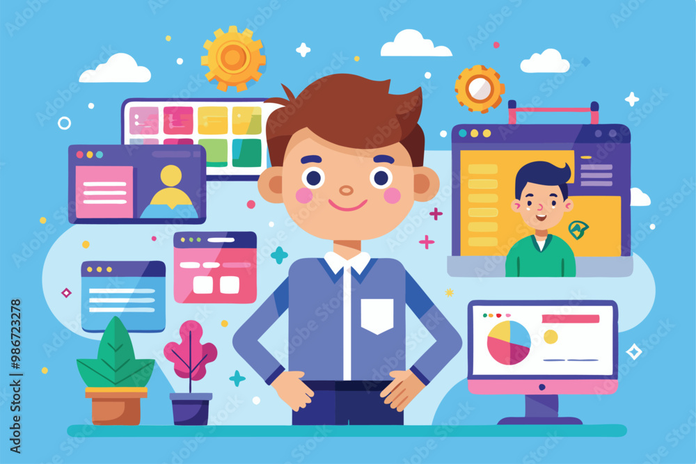 A young man stands confidently with digital screens and graphics surrounding him, showcasing technology concepts, Customizable cartoon illustrations for microsites. A young man stands confidently with digital screens and graphics surrounding him, showcasing technology concepts, Customizable cartoon illustrations for microsites.