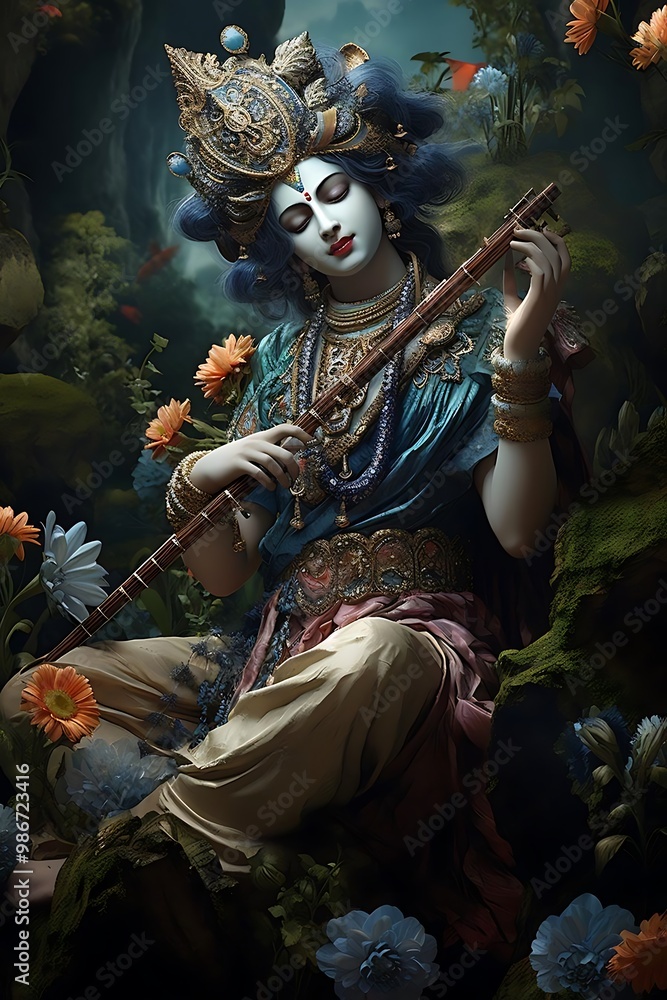 Obraz premium A serene depiction of a deity playing the flute amidst a lush, floral environment.