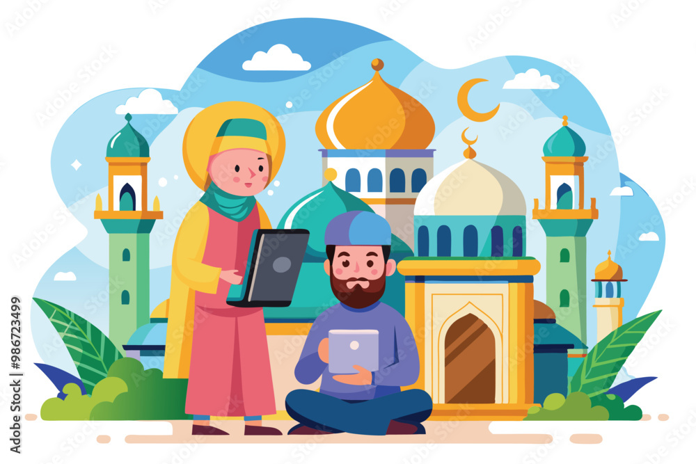 Naklejka premium Two individuals engage with devices in front of a colorful mosque, blending tradition with modernity, Customizable cartoon illustrations for mosque online services.