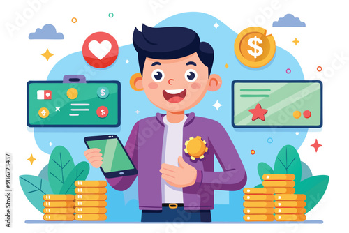 A cheerful character holds a tablet while surrounded by symbols of success and monetization elements, Customizable cartoon illustrations for monetizing apps.