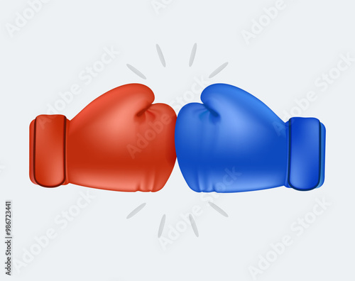 Two boxing gloves hitting one another isolated on background. Box sparring, box match or tournament concept with red and blue gloves realistic cartoon 3D vector illustration. Match between two boxers