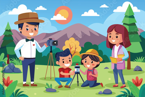 A group of children enjoys outdoor photography with cartoon illustrations against a vibrant mountain backdrop, Customizable cartoon illustrations for outdoor photoshoots.