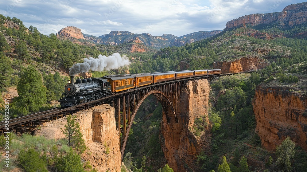 Steam Locomotive Train Crossing a Bridge Over a Canyon Steam Locomotive Train Crossing a Bridge Over a Canyon