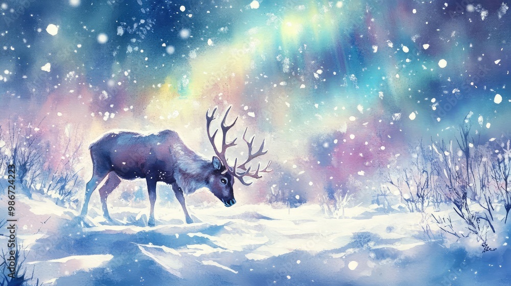 A majestic reindeer walks through a snowy landscape, illuminated by a colorful aurora borealis in the night sky. A majestic reindeer walks through a snowy landscape, illuminated by a colorful aurora borealis in the night sky.