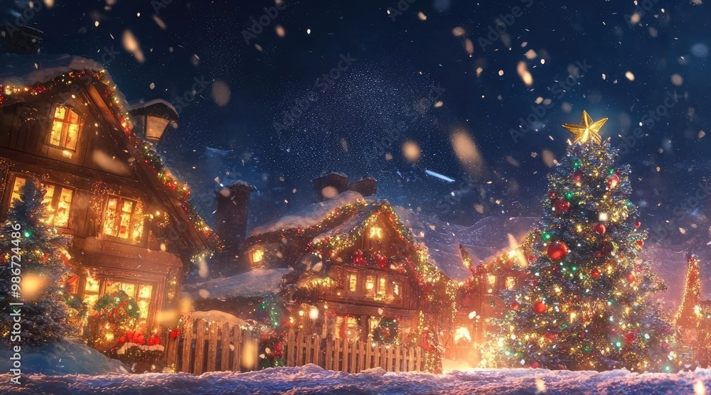 A joyful Santa Claus celebrates Christmas in a snowy village with a decorated tree, warm lights, and a festive spirit. A joyful Santa Claus celebrates Christmas in a snowy village with a decorated tree, warm lights, and a festive spirit.