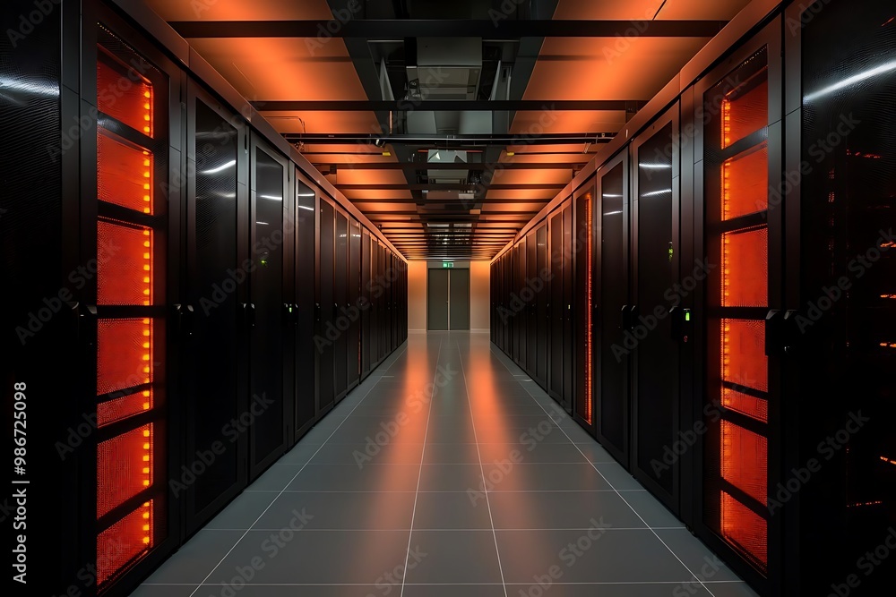 A server room with rows of black cabinets illuminated by orange lights, showcasing technology infrastructure. A server room with rows of black cabinets illuminated by orange lights, showcasing technology infrastructure.
