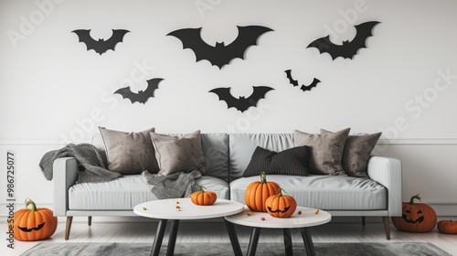 Contemporary living room with Halloween decor featuring bat silhouettes on the wall and pumpkins on a coffee table, set against a cozy grey sofa and stylish rug. Halloween, spooky, haunted concept. photo