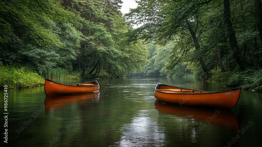 Two Orange Canoes Resting on a Still Forest River Two Orange Canoes Resting on a Still Forest River