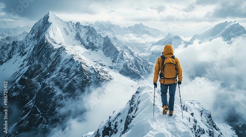 Hiker on snow-covered ridge surrounded by clouds, adventure and challenge