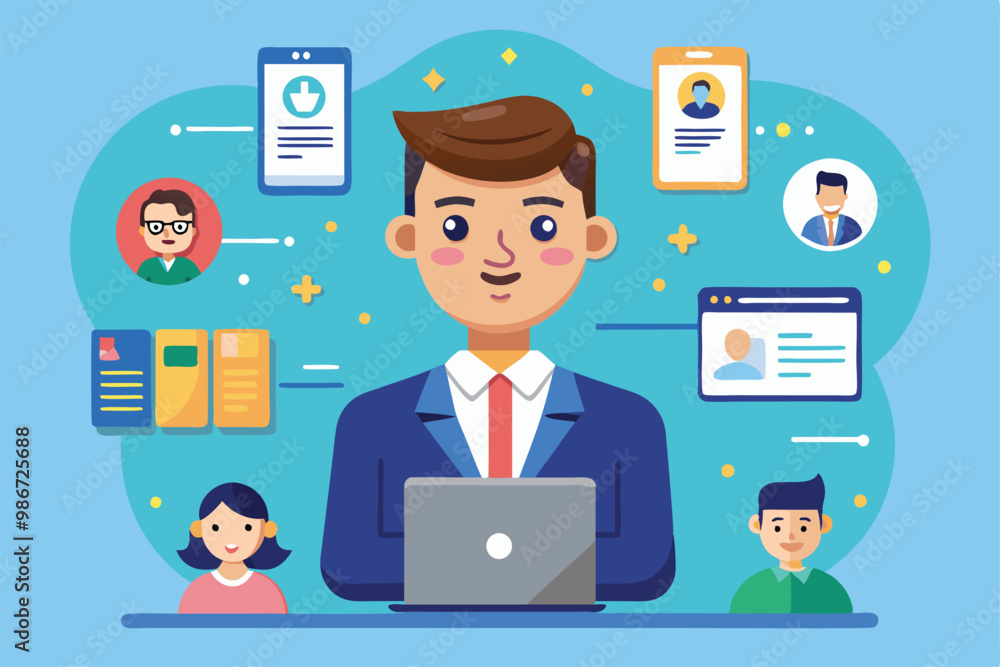 A professional character engages with a laptop while profile icons and documents float around them, Customizable cartoon illustrations using personal data. A professional character engages with a laptop while profile icons and documents float around them, Customizable cartoon illustrations using personal data.