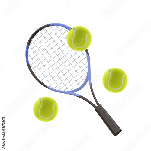 Tennis racket and balls 3D illustration in realistic cartoon style. Tennis racket with tennis balls isolated on white background. Sport equipment for athletes, play tennis concept, banner, advertising