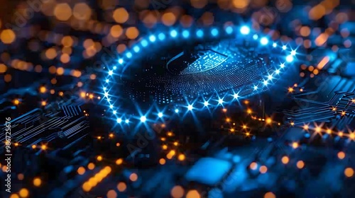 A close-up of a circuit board with glowing elements, symbolizing technology and cybersecurity.