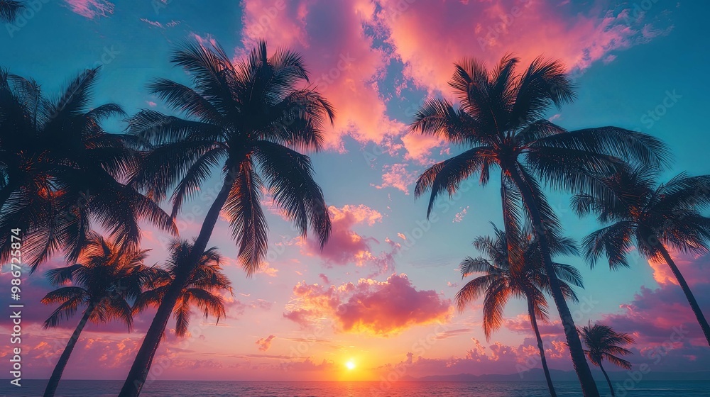 Silhouetted Palm Trees Against a Vibrant Sunset Over the Ocean Silhouetted Palm Trees Against a Vibrant Sunset Over the Ocean
