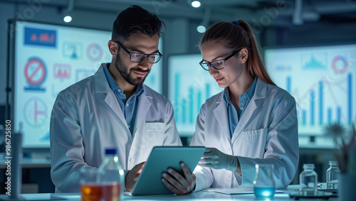 A male and female researcher engaged in a collaborative analysis of data on a digital tablet in a cutting-edge lab. For educational content, research publications, and promoting innovation in science