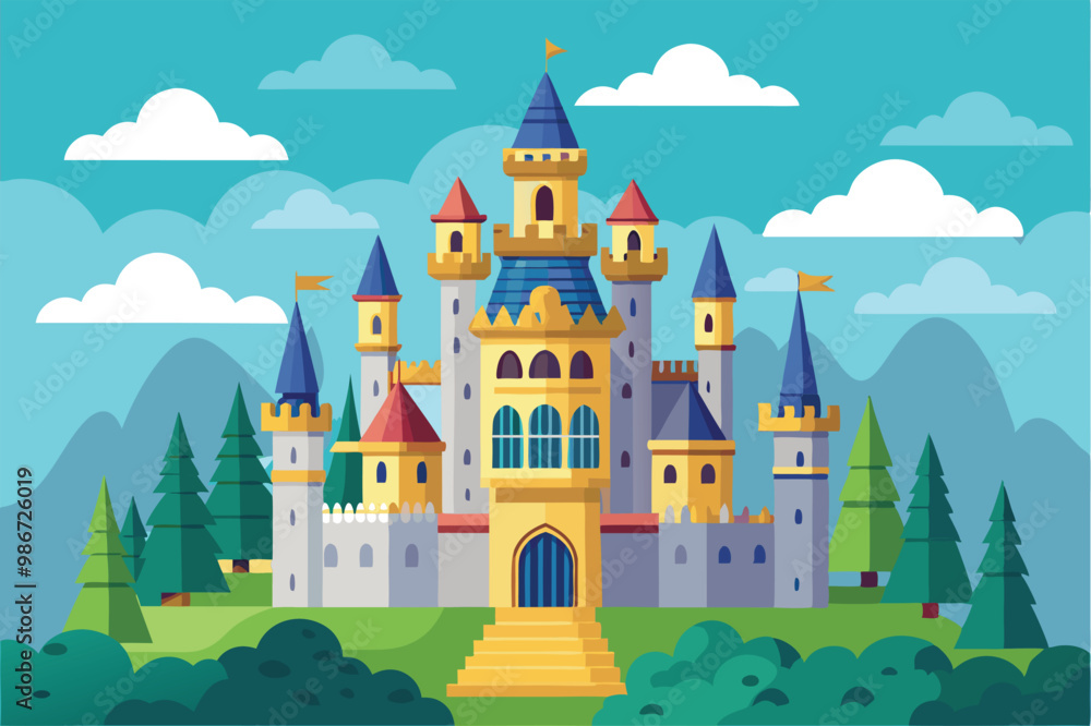 A vibrant castle illustration features towers and flags, nestled amidst lush greenery and mountains, Customizable castle illustration A vibrant castle illustration features towers and flags, nestled amidst lush greenery and mountains, Customizable castle illustration