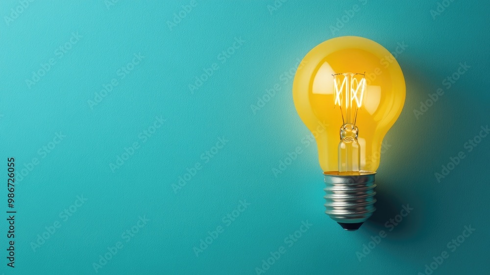 Illuminated yellow light bulb against blue background Illuminated yellow light bulb against blue background