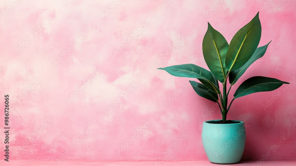 Green potted plant against pink textured wall Green potted plant against pink textured wall