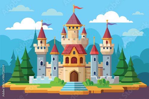 A lively castle illustration featuring tall towers, colorful flags, and lush greenery surrounding it, Customizable castle illustration