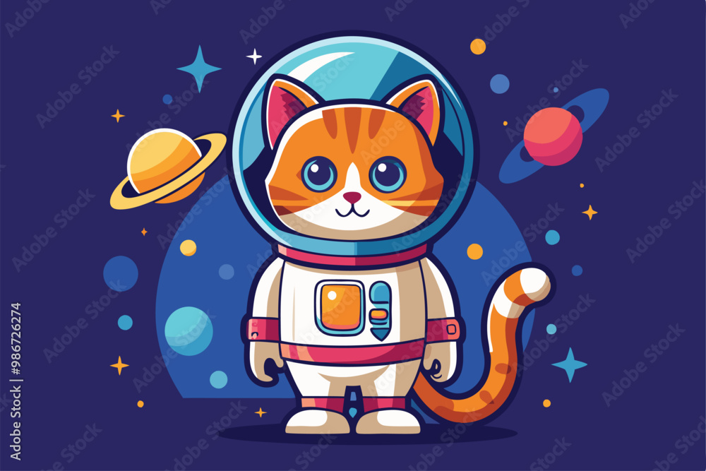 Naklejka premium An adorable cat dressed as an astronaut stands against a celestial background, ready for exploration, Customizable cat astronaut illustration in semi-flat style.