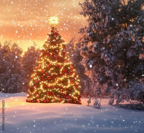 A magical winter scene featuring Santa, his sleigh, reindeer, and a beautifully lit Christmas tree in falling snow.