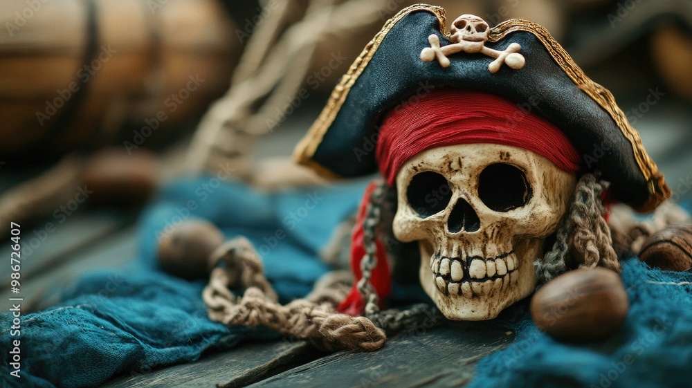 Fototapeta premium Skull in pirate hat with red bandana and beads Nautical props background