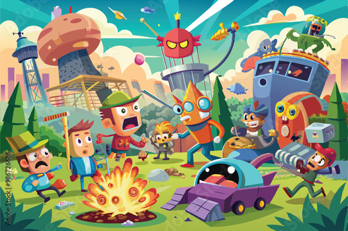 A lively group of customizable cartoon characters experiences chaos and fun in a vibrant outdoor setting, Customizable chaos cartoon illustration.