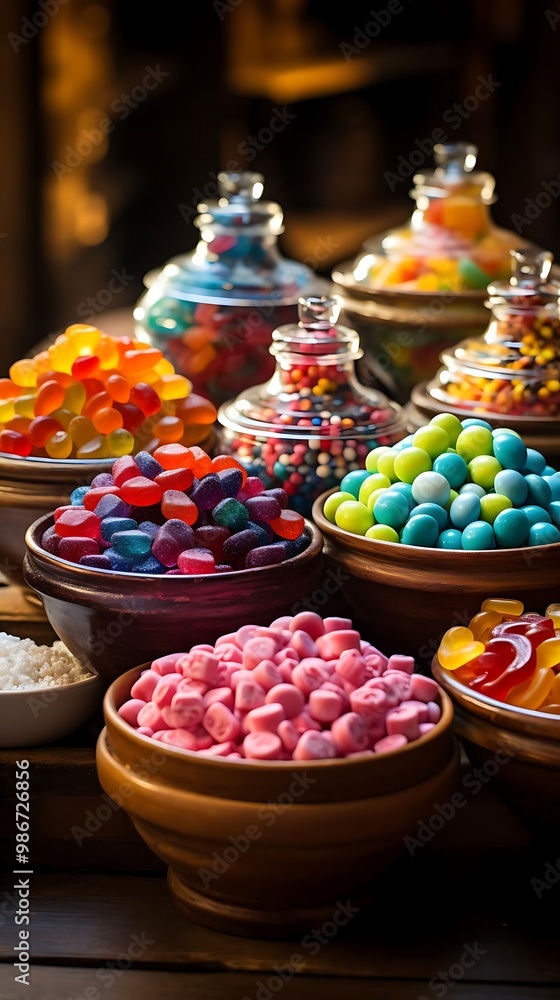 Fototapeta premium A colorful assortment of candies displayed in jars and bowls, inviting for a sweet treat.
