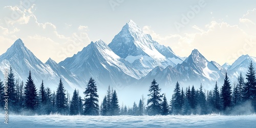 Fototapeta Naklejka Na Ścianę i Meble -  Snow-capped mountain peaks with pine forest, landscape illustration