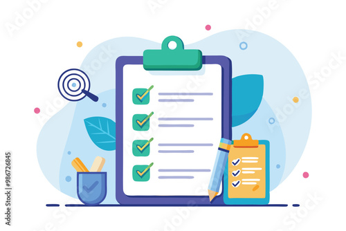 A checklist is designed for personal goal setting and tracking completion with colorful markers and notes, Customizable checklist for personal goals with isometric illustration.