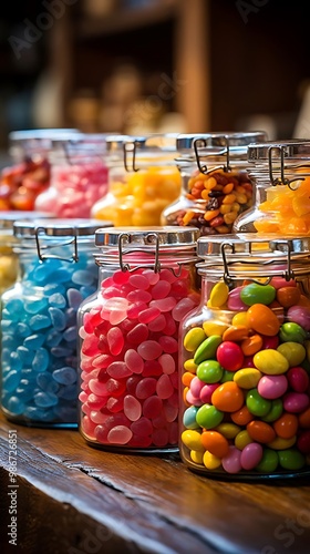 A colorful display of candies in glass jars, showcasing a variety of sweet treats.