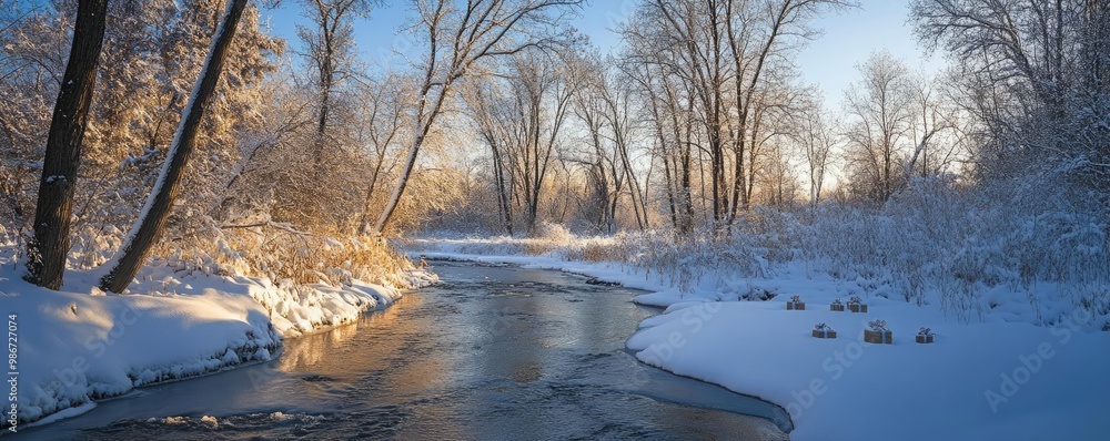 Fototapeta premium A serene winter scene featuring a calm river surrounded by snow-covered trees and gentle sunlight filtering through branches.
