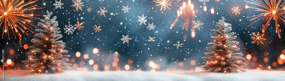 A magical winter landscape with sparkling snowflakes, festive trees, and colorful fireworks illuminating the night sky. A magical winter landscape with sparkling snowflakes, festive trees, and colorful fireworks illuminating the night sky.