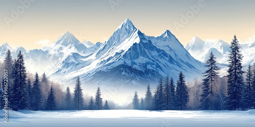 Snow-capped mountain peaks with pine forest, landscape illustration