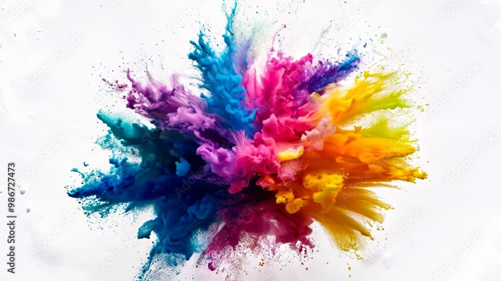 Vibrant powder particles explode in a spectrum of colors against a white background. Blue, pink, purple, and yellow pigments collide and blend, creating dynamic cloud formations. 