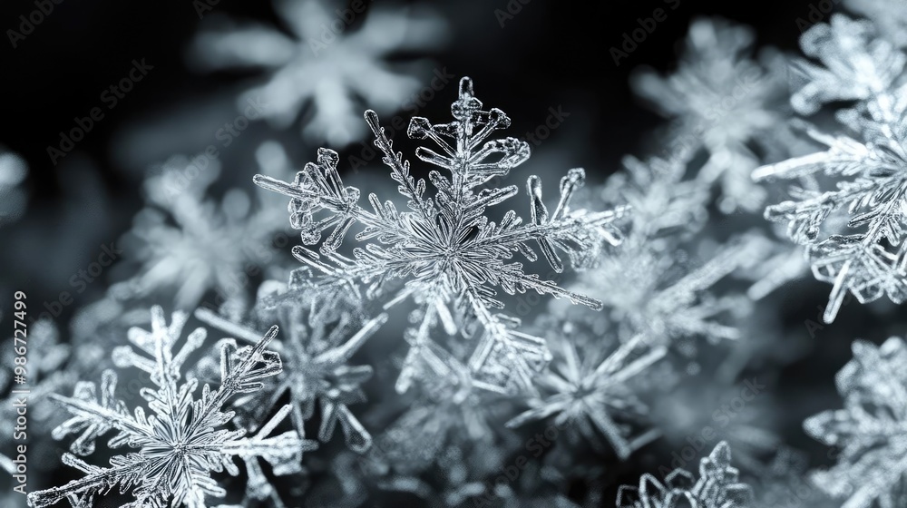 Captivating close-up of intricate snowflakes, showcasing their unique patterns and delicate structures against a dark background. Captivating close-up of intricate snowflakes, showcasing their unique patterns and delicate structures against a dark background.