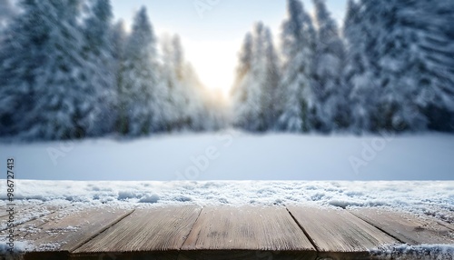 Wallpaper Mural Winter theme background with a wooden table for product storage covered in snow, wallpapers. showcases Torontodigital.ca