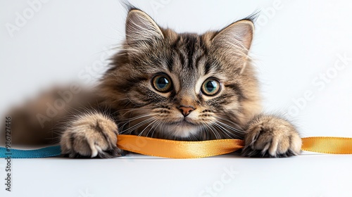 Charming LaPerm Cat Playing with Ribbons photo