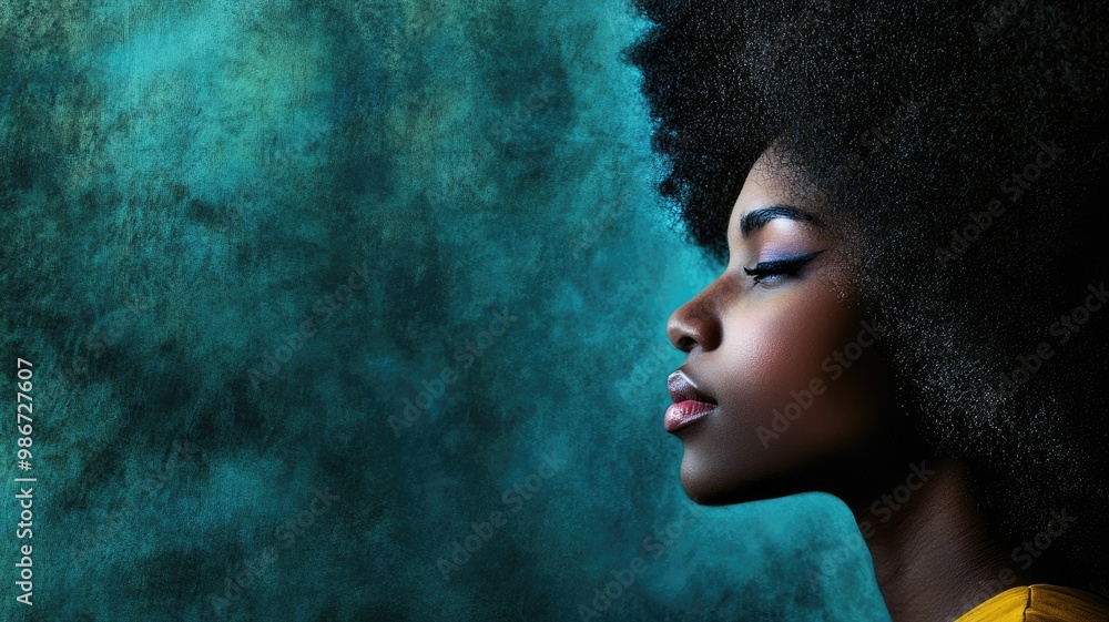 Profile of African-American woman with afro hairstyle against teal backdrop Profile of African-American woman with afro hairstyle against teal backdrop